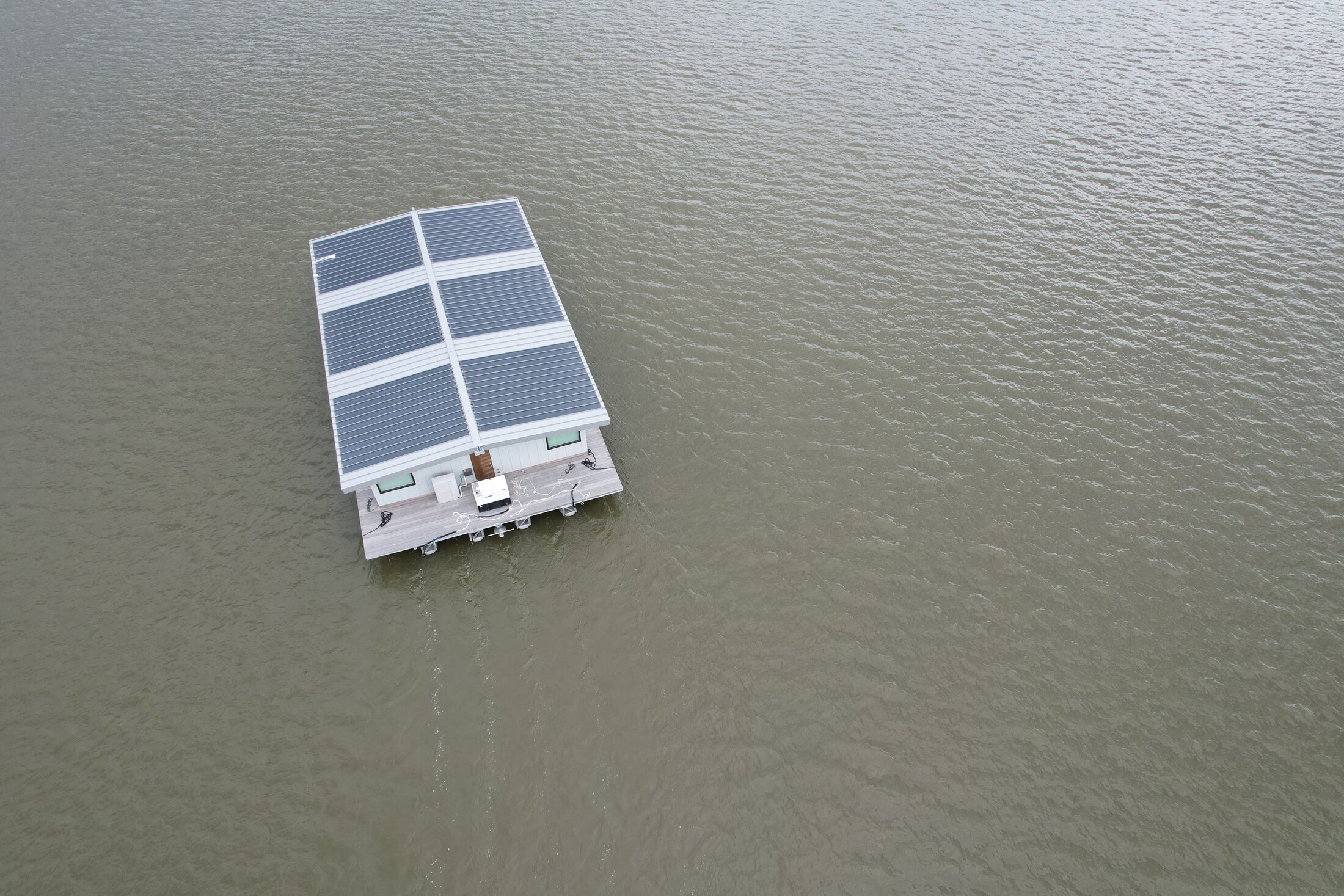 Aerial view of the Dockboat's solar roof on Grand Lake