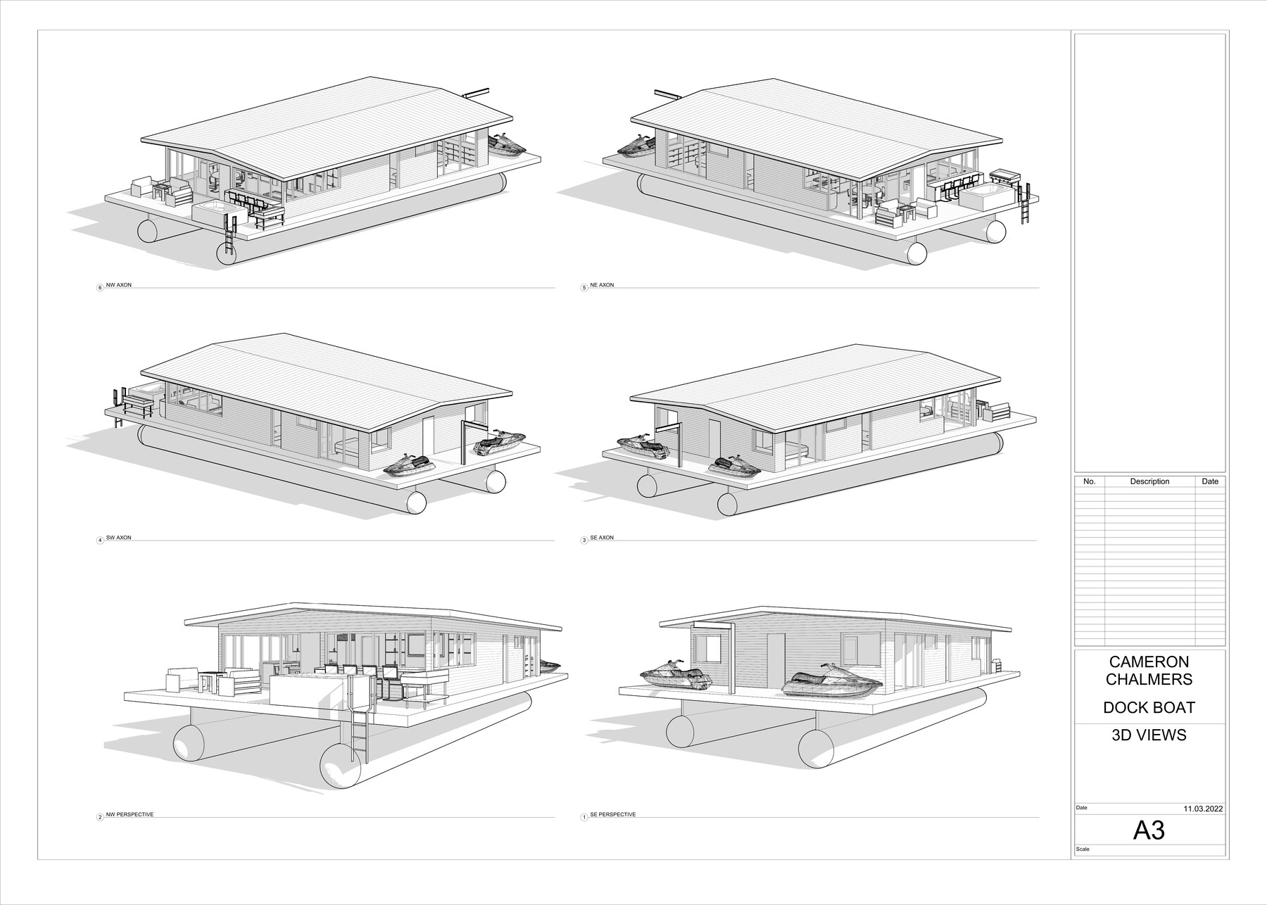 3D axonometric drawings of the Dockboat from multiple angles