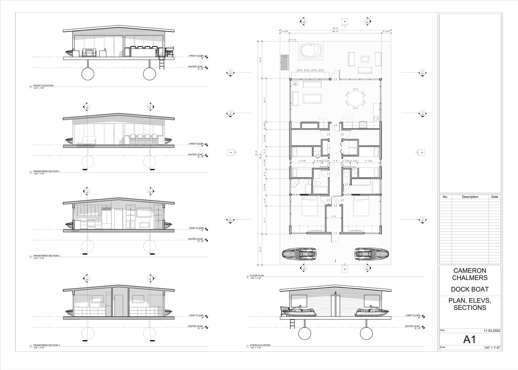 Dockboat floor plan and elevation drawings
