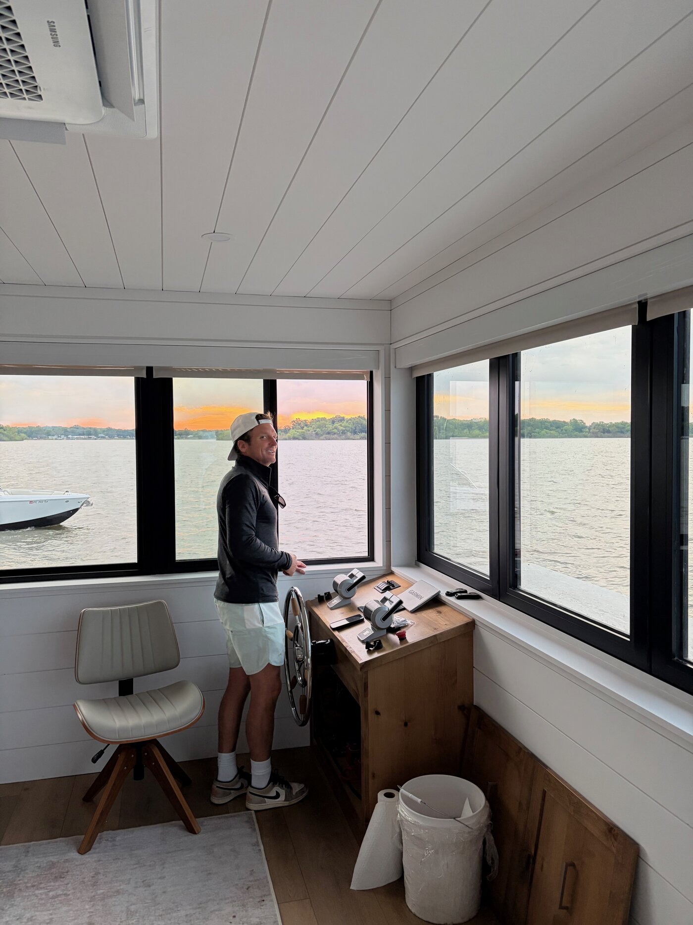Helm station at sunset overlooking Grand Lake